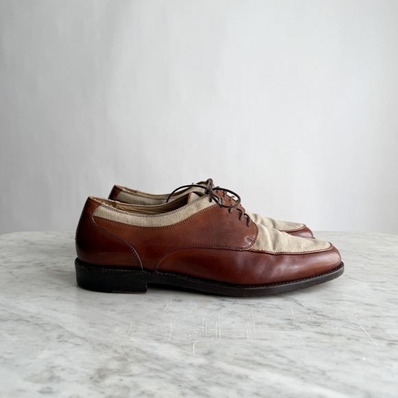 Bragano Cole Haan vtg brown leather‎ linen two tone oxfords mens size 9